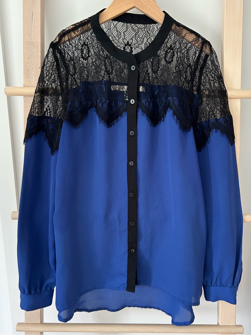 LC Lauren Conrad Royal Blue Button-Up Blouse with Black Lace Yoke